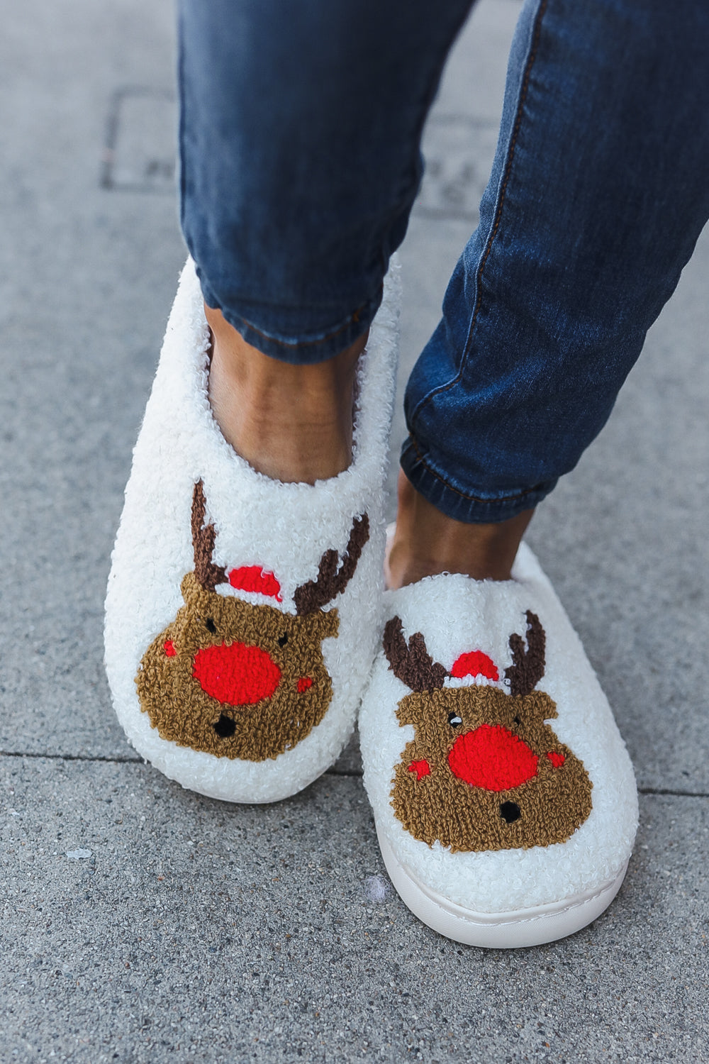 Holiday Red Nose Reindeer Print Fleece Slippers