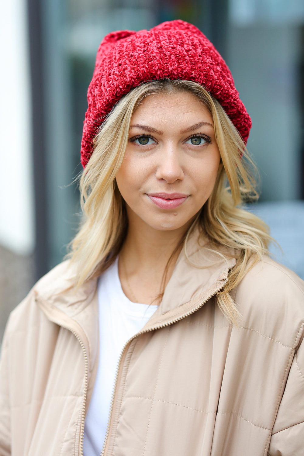 Cranberry Knit Velvet Chenille Fold Over Beanie