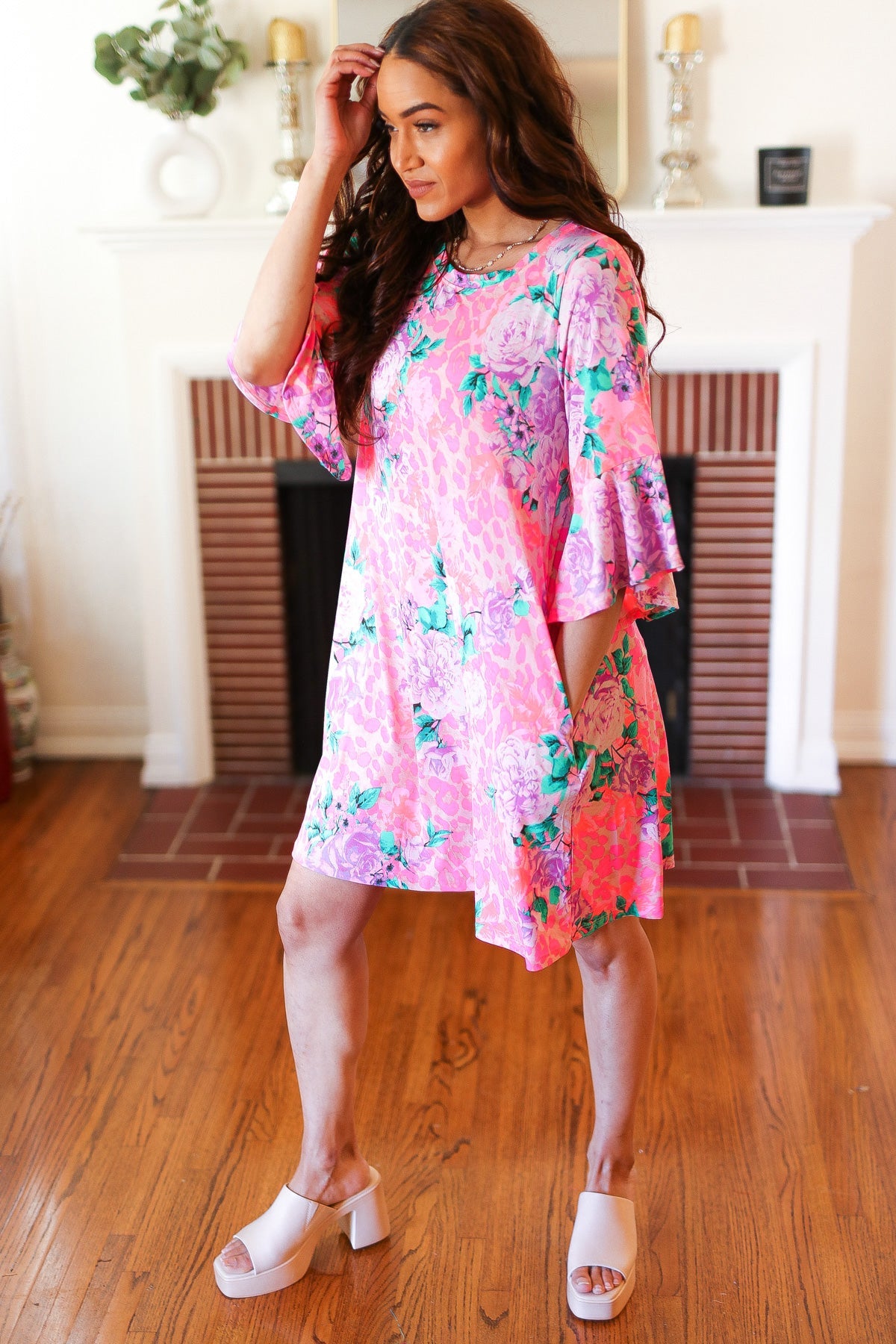 Pink Floral & Animal Print Bell Sleeve Dress