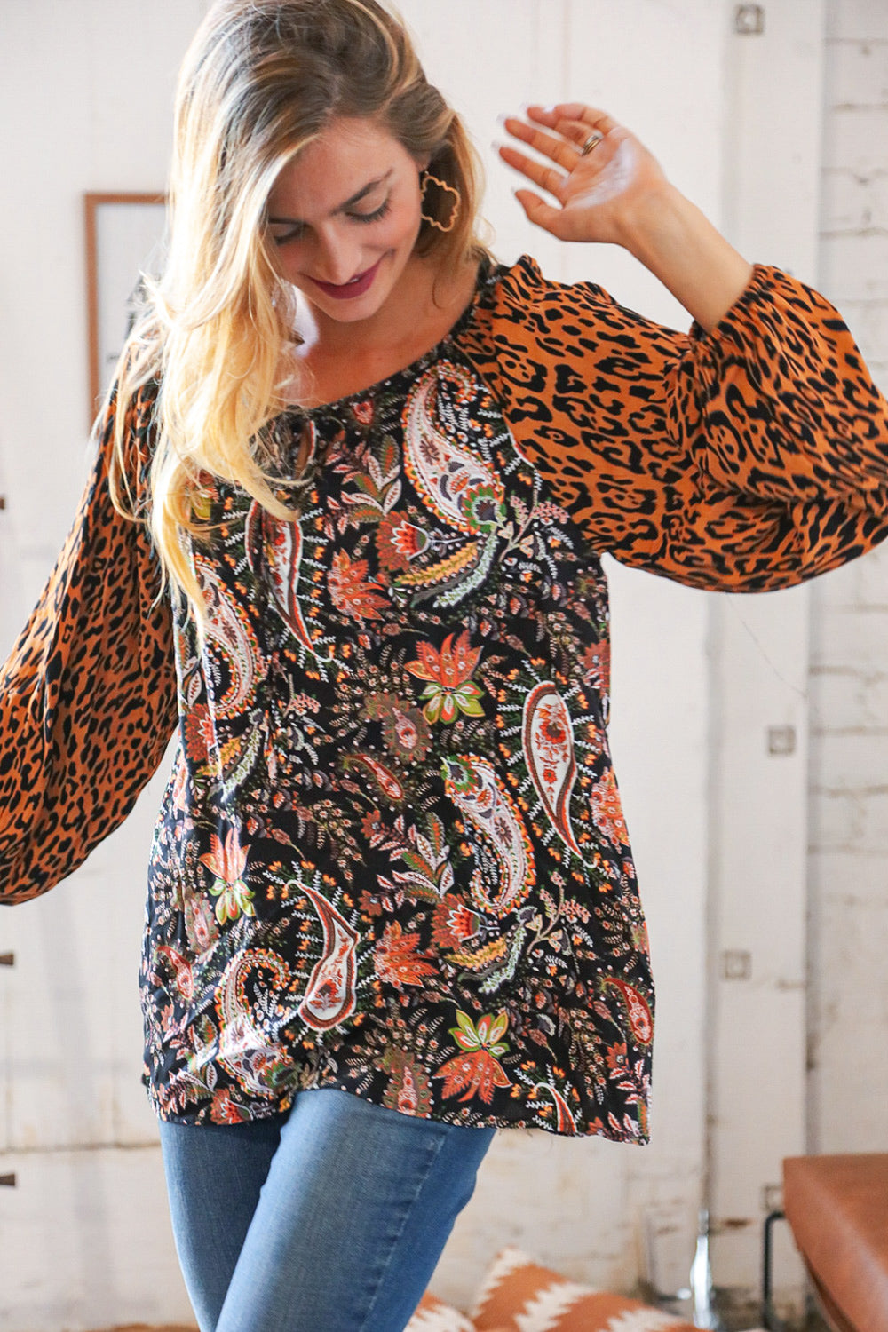 Boho Paisley Leopard Print Front Tie Woven Blouse