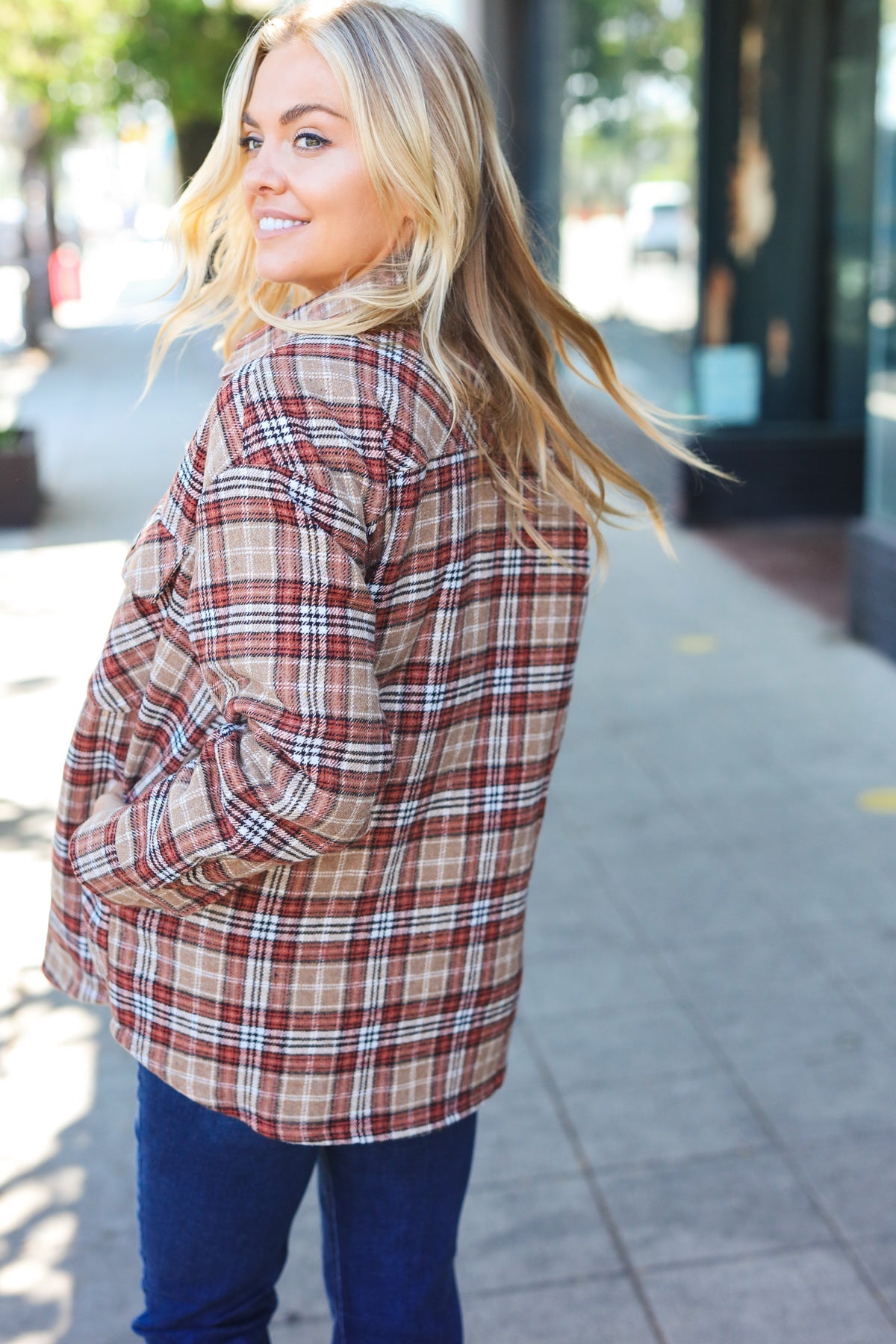 Be You Best Taupe Plaid Quilt Lined Button Down Shacket