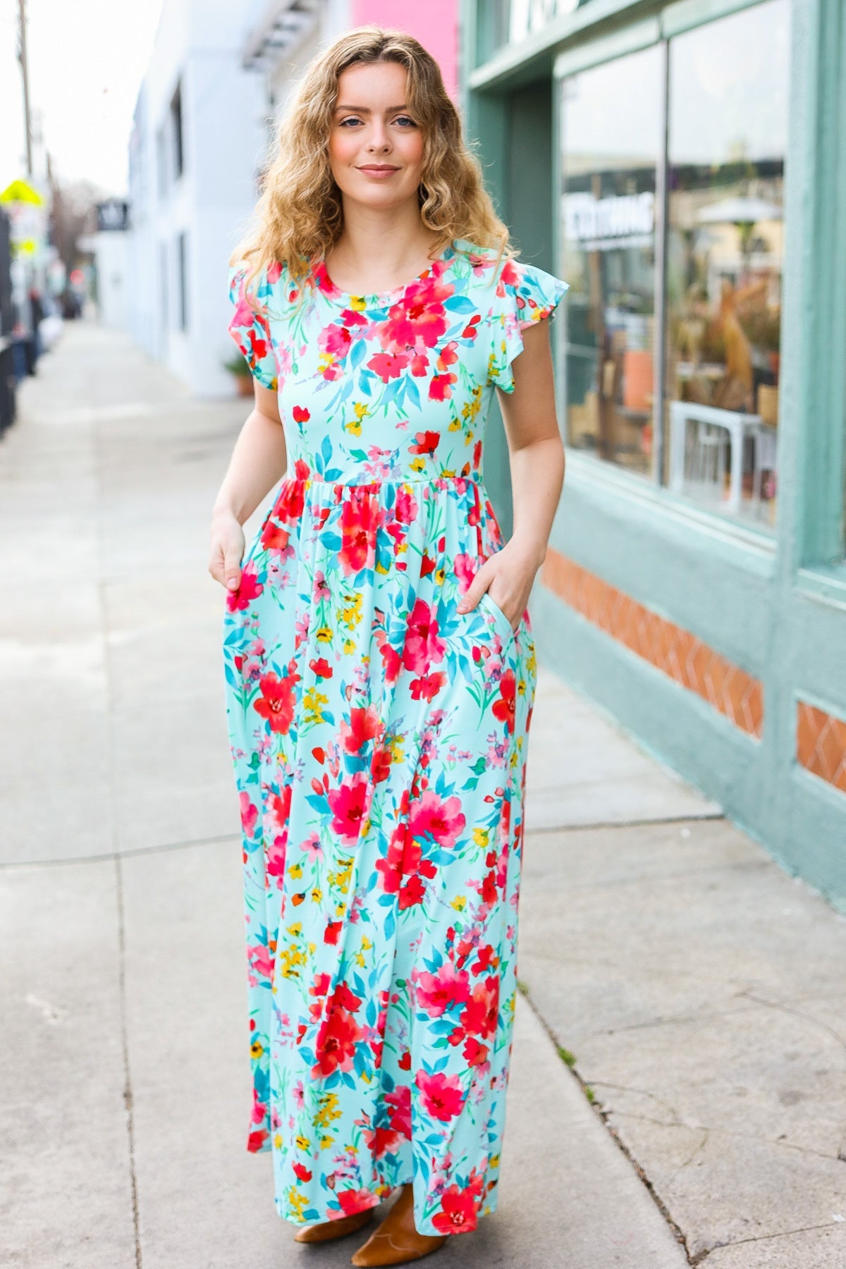 What A Vision Aqua Floral Fit & Flare Maxi Dress