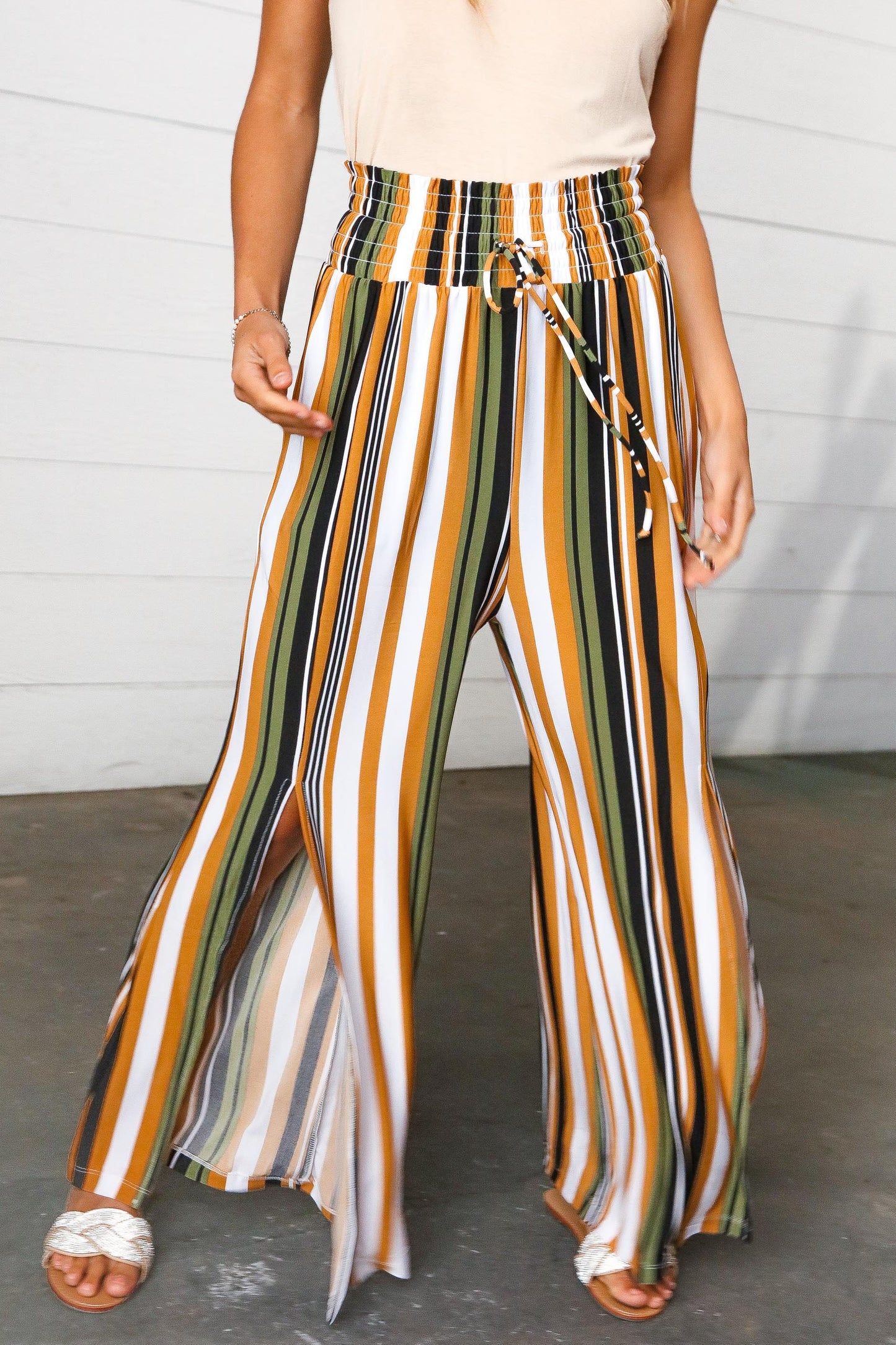 Tan & Green Vertical Stripe Smock Waist Side Slit Palazzo Pants