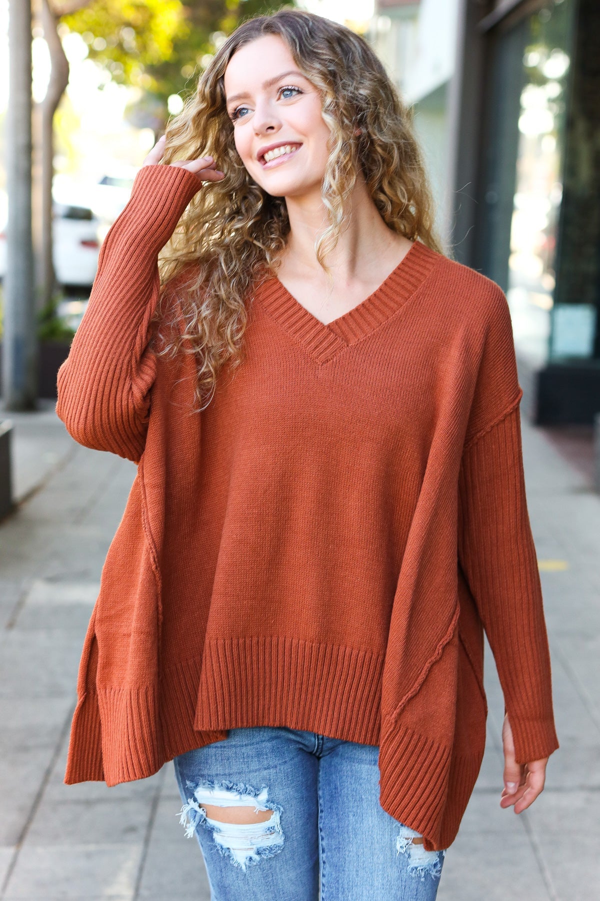 Casual Chic Rust Oversized V Neck Rib Knit Sweater