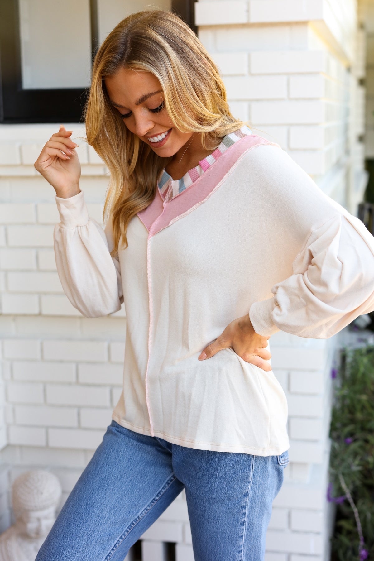 Champagne & Blush Rainbow Stripe Rib Chevron Top