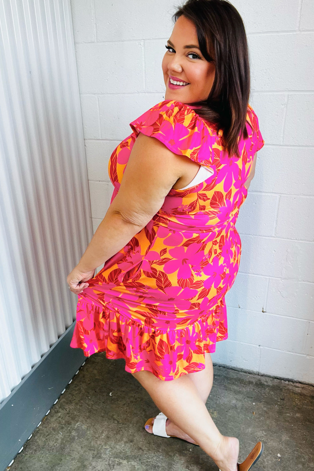 Fuchsia & Orange Tropical Floral Square Neck Dress