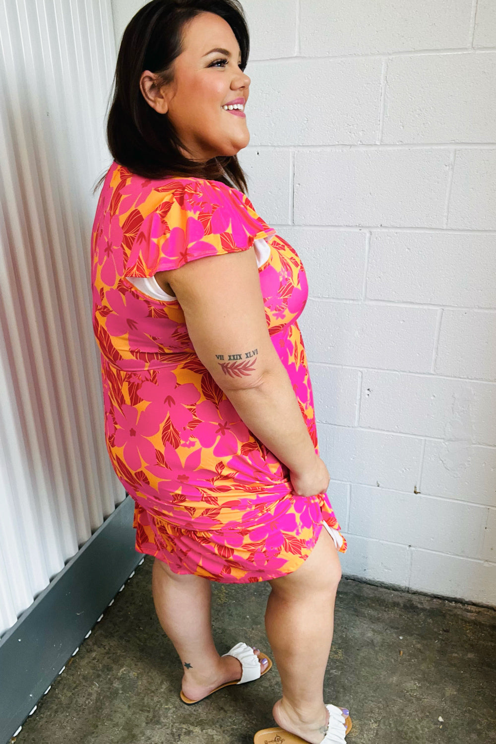 Fuchsia & Orange Tropical Floral Square Neck Dress