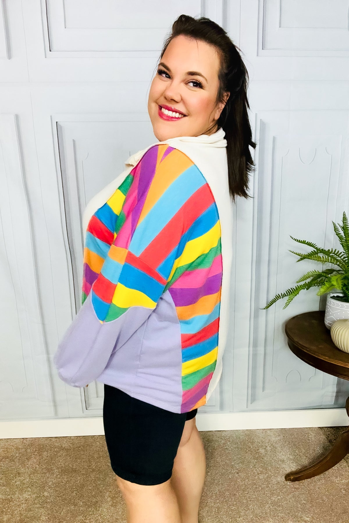 Feeling Bold Lilac Multicolor Stripe Collared V Neck Pullover