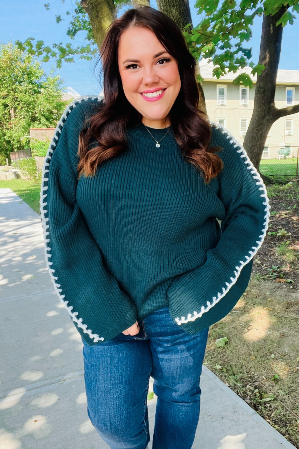 Fall Vibes Hunter Green Rib Knit Large Stitch Oversized Sweater