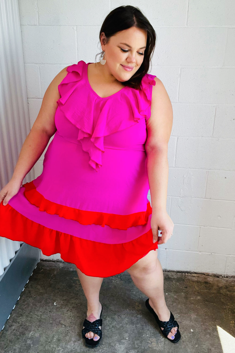 Fuchsia Ruffle V Neck Crepe Tiered Midi Dress