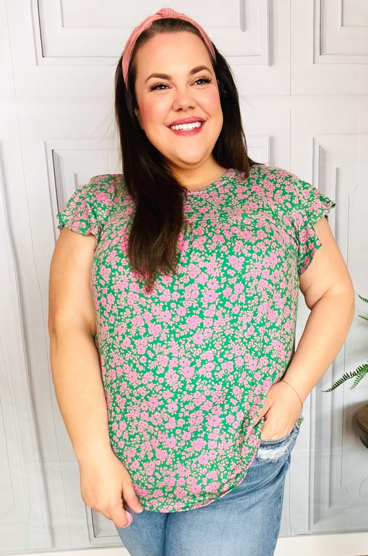 Dreamy Green & Pink Floral Yoke Ruffle Short Sleeve Top